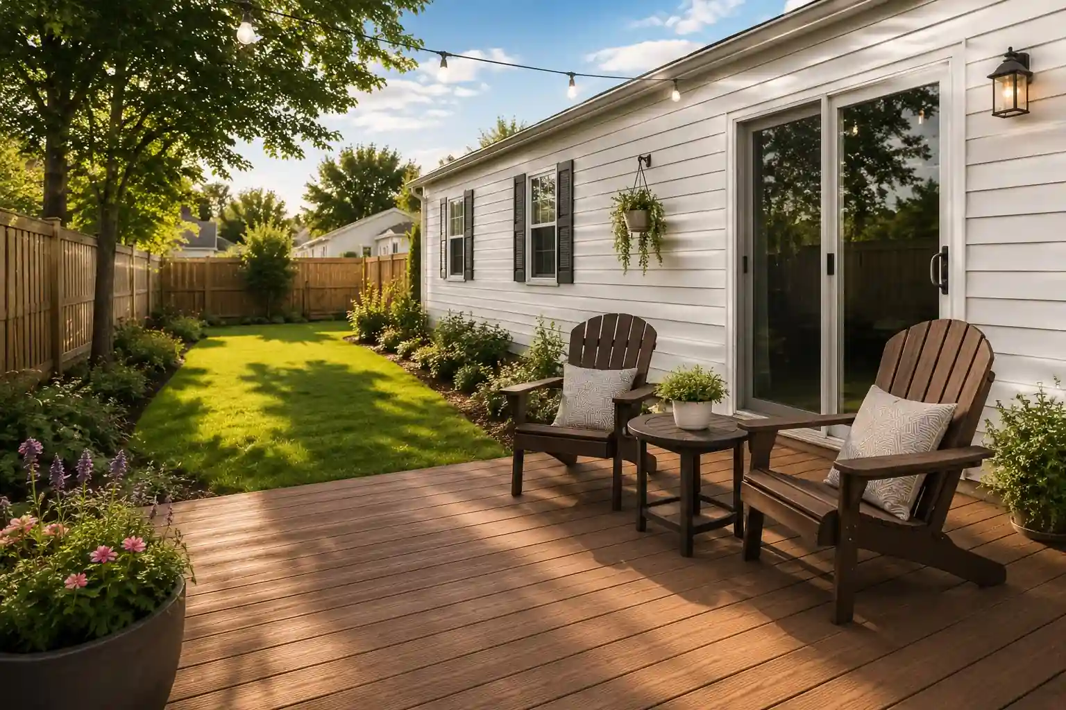 A spacious backyard of a manufactured home with a wooden deck, green lawn, and outdoor seating area