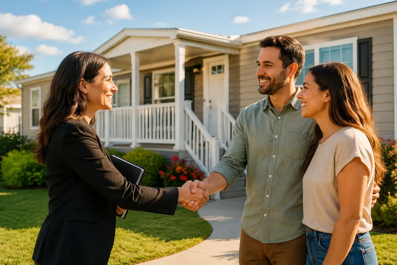 Real estate agent shaking hands with a smiling couple in front of a manufactured home after closing a sale