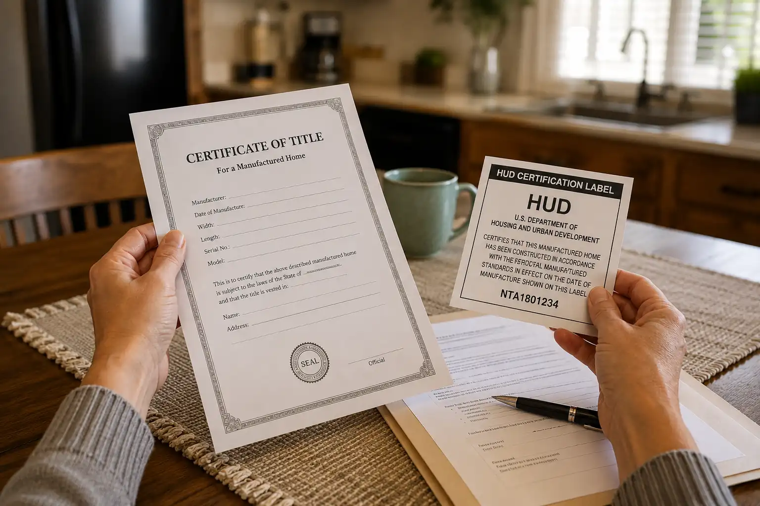 Hands holding a manufactured home certificate of title and HUD certification label at a kitchen table